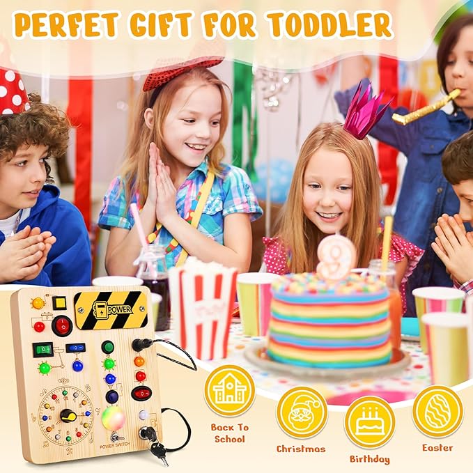 Busy Board with Led Light, Montessori Toys for 1-3 Years Old Boys Girls Wooden Toddler Toys Birthday Gift Educational Toys for 1+ Year Old, Toddler Travel Toy Sensory Toys for Kids with Autism