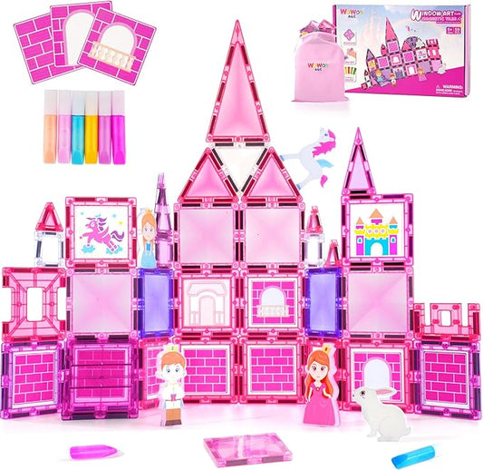Diamond Magnetic Tiles Building Blocks – Princess Castle Pretend Play Toys with DIY Painting Set and Stickers for Kids 4 5 6 7 8 Year Old STEM Educational Birthday for Girls Boy