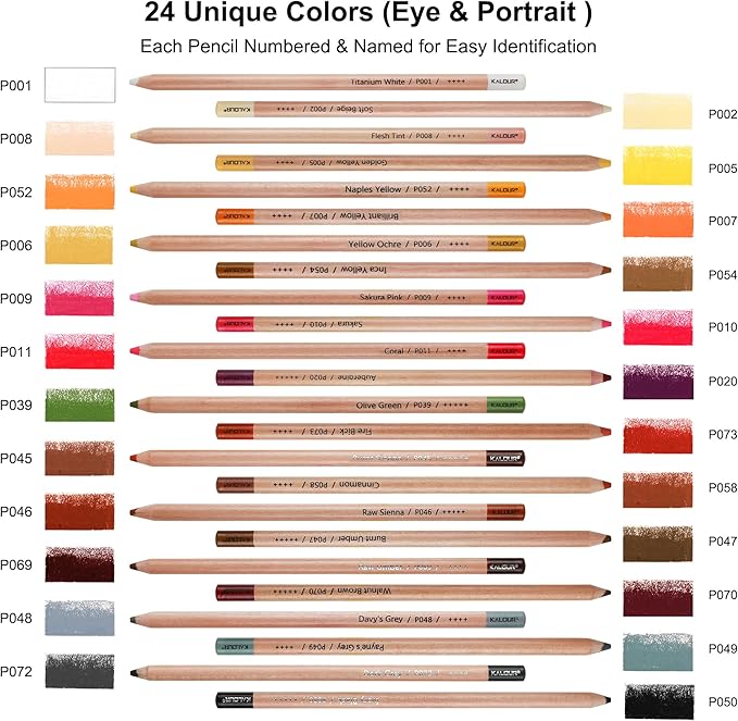 KALOUR Pro Pastel Chalk Colored Pencils,24 Colors portrait set,Color Charcoal Pencils for Drawing Sketching Coloring Shading,Art Supplies for Adults Artists