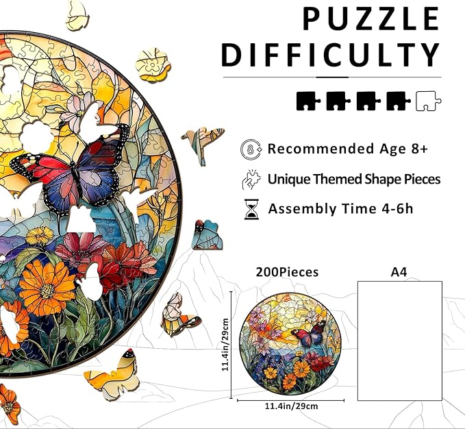 Wooden Puzzles for Adults - Stained Glass Butterfly Wood Puzzles Adult - Unique Animal Shape Wooden Jigsaw Puzzles for Adults - Birthday Gifts for Puzzle Lovers, Family (11.4 * 11.3in)