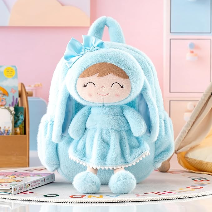 Gloveleya Back to School Gifts for Girls Toddler Backpack Kids Backpack Baby Girl Gift Plush Bag with Pure Blue Rabbit Doll 11 Inches Aged 2+