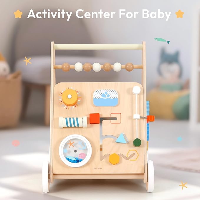 Wooden Baby Walker Push Toy with Activity Center, Montessori Toddler Walking Wagon with Blocks, Gears & Shape Sorter for 1 2 3 Year Old Boys Girls