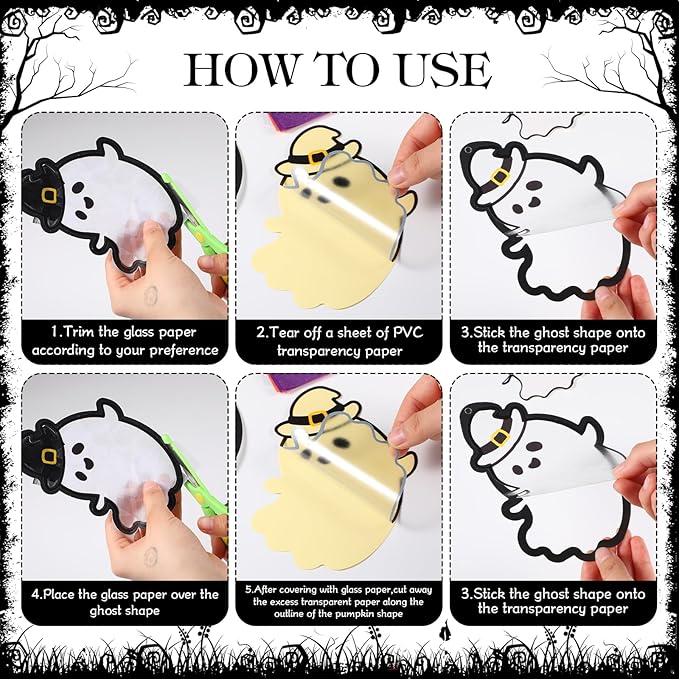 Tinlade 32 Set Halloween Suncatcher Crafts Kit Ghost Suncatcher Paper Crafts with Tissue Paper DIY Window Stained Glass Effect Hanging Ornaments for Halloween Boo DIY Activities Party Favors