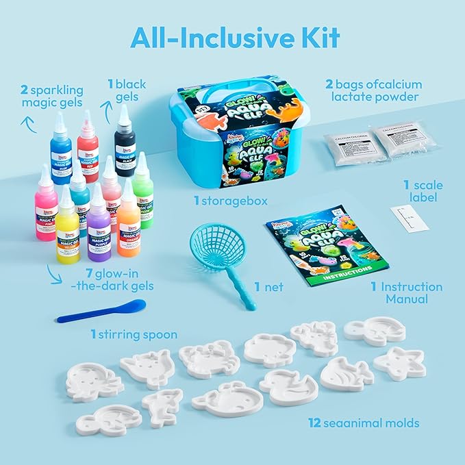 Klever Kits Glow-in-The-Dark Water Gel Kit, Crafts Magic Fairy Water Pets Toy Kit with 10 Gels(7 Glow-in-The-Dark Gels), 12 Molds, Preserving Bottle, DIY STEM Craft Kits, Arts and Crafts for Kids