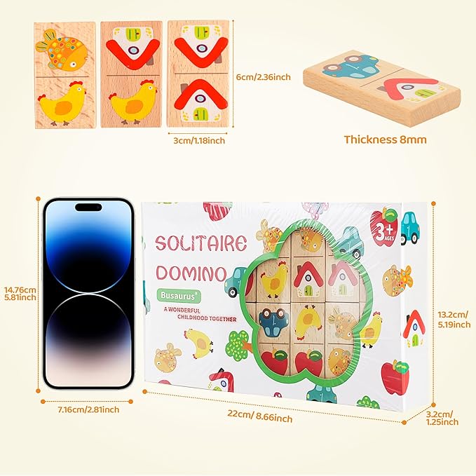 28 Pcs Wooden Domino Puzzle Game - Multicolor Fruit & Animal Design, Educational Family Logic and Thinking Skill Development Toy, Montessori Toys, Matching & Learning Board Game, Gift for Age 3+