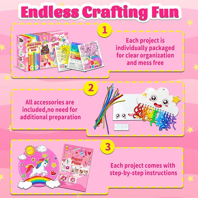 Unicorn Craft Box-12 Projects Fun Arts and Crafts for Kids Ages 4-8,Creative Educational Activity, No Mess Individually Packaged Travel Toys,Party Favors,Birthday Gift for Girls 3 4 5 6 7 8 Years Old