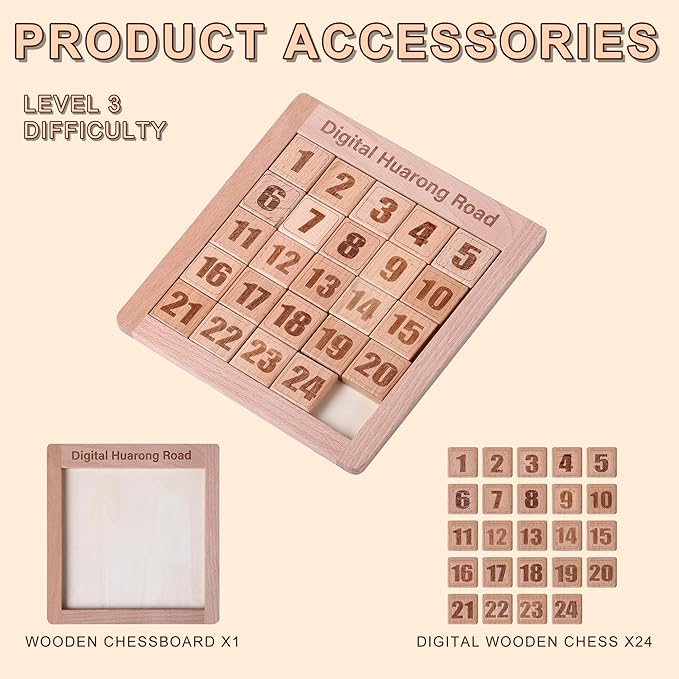 Wooden Number Sliding Puzzle，Brain Teasers Toy Tangram Slide Puzzle Game，Sequential Puzzles Board Game，Educational Toys for Kids and Adults（Number 1-24）