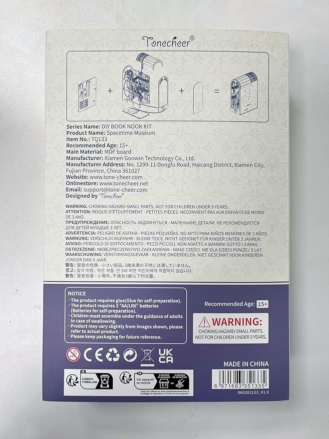 Tonecheer DIY Book Nook Kit for Adults, 3D Wooden Puzzle Bookend Miniature House Kit, Booknook Bookshelf Insert Decor with Dust Cover and LED Lights Gifts (Spacetime Museum)