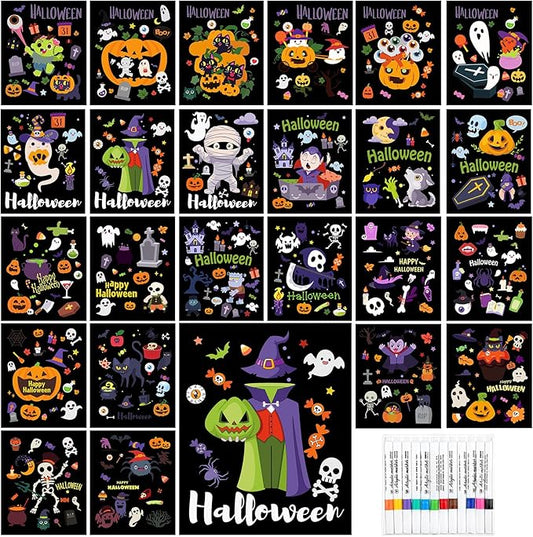 Zhanmai Pack of 48 Halloween Velvet Coloring Posters and Watercolor Pens Fuzzy Velvet Coloring Posters for Adults Teenagers Large Poster for Pumpkin Ghost Skeleton Arts Crafts Activity