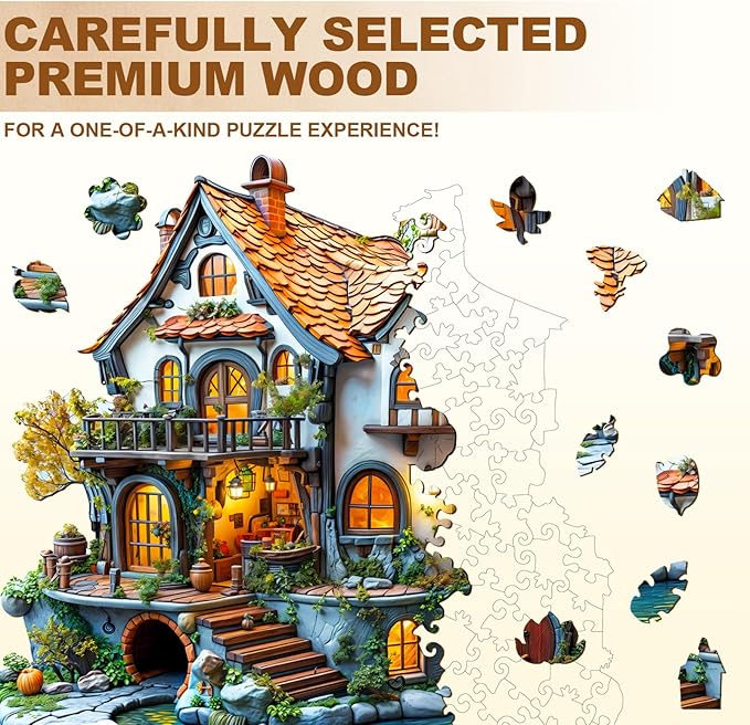 Wooden Puzzles for Adults, Wooden Jigsaw Puzzles for Adults Kids, 3D Glow Cottage Unique Shaped Wood Puzzles Adult, Creative Gifts for Friends Family Game, Home Decor(11.4 * 11.3in 185pcs)