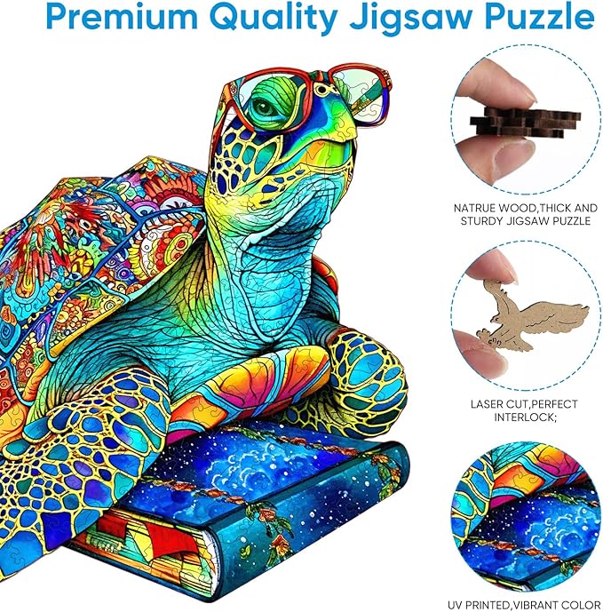 Wooden Puzzles for Adults 500 Pieces, Glasses Sea Turtle Deep Blue Jigsaw Puzzles, Unique Shape Animal Adult Puzzles, Irregular Wood Puzzles Best Gift for Adults Family Game(16.9 * 16.8 in)