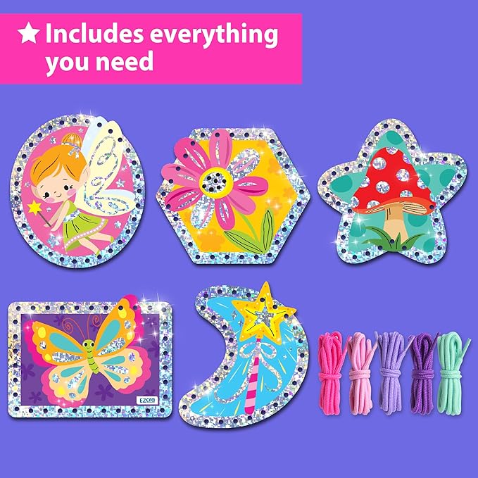 EZCRA Lacing Cards for Kids Ages 3-5 - 5 Pcs Fairy Theme with Colorful Laces - Craft Kit for Kids DIY Activity Set - Fine Motor Skills Toys and Preschool Learning Activities