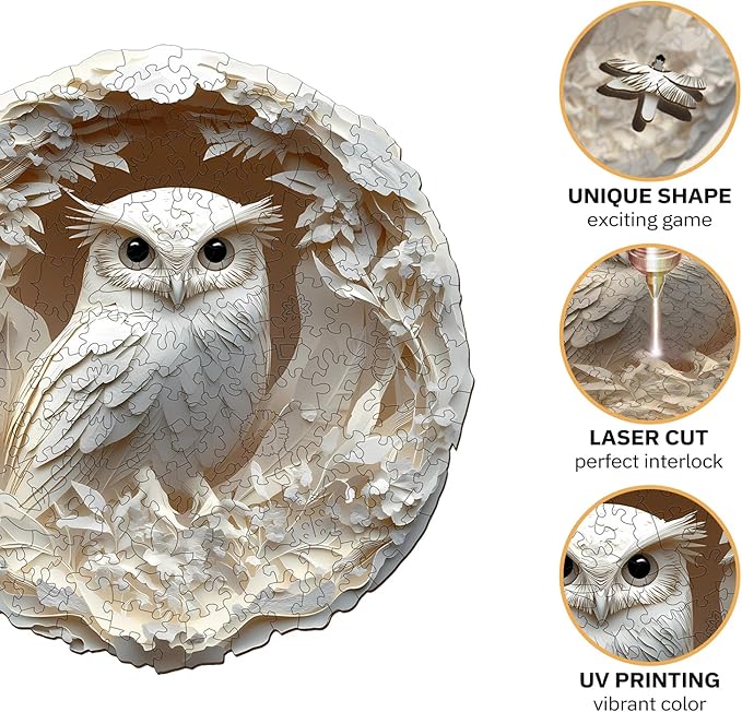 Jigfoxy Wooden Puzzles for Adults, Visual 3D Owl Wood Puzzles Adult, Unique Animal Shape Wooden Jigsaw Puzzles for Adults, Birthday Gifts for Puzzle Lovers, Family (M-11.4 * 11.2in-200pcs)