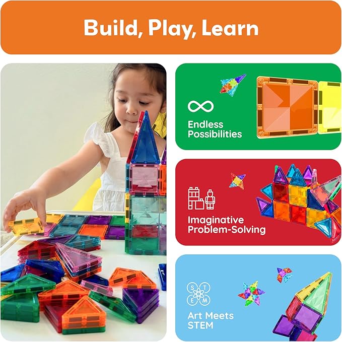 PicassoTiles 80 Pcs Magnetic Building Tiles Magnet Building Block Toys W/Car Diamond Educational Construction Playset Toy for STEM Sensory Gifts Kid Brain Development Stacking Blocks Construction Set