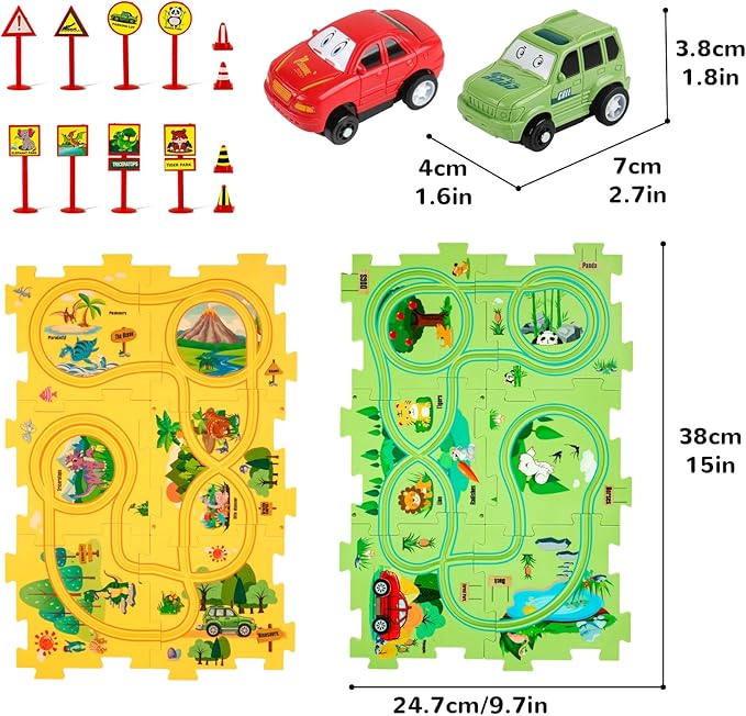 Plastic Floor Puzzles for Kids with 2 Cute Vehicles, Puzzle Racer Kids Car Track Set, Montessori Toys for 3 4 5 6 Year Old Boys, Gifts for 3 4 5 6 Year Old Boys, Toys for Ages 3-4
