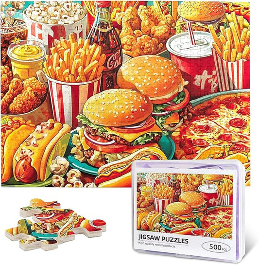 Hamburger Foods Jigsaw Puzzles for Adults 500 Pieces Colorful Food Pizza Chips Art Puzzle Colorful and Fun Challenging Puzzle for Game Nights