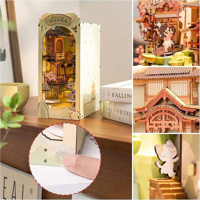 Rowood Book Nook Kits for Adults,3D Wooden Puzzle Bookend,Bookshelf Decor Insert Alley,DIY Miniature Booknook Model Craft Kits for Adults,Gifts with LED on Birthday Christmas(Falling Sakura)