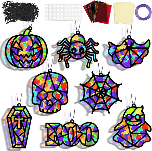 32 Sets Halloween Suncatchers Craft Kit DIY Window Stained Glass Effect Ghost Spider Skull Pumpkin Paper Crafts Home School Classroom Decoration Kid Birthday Gift Creative Art Project Activity Game
