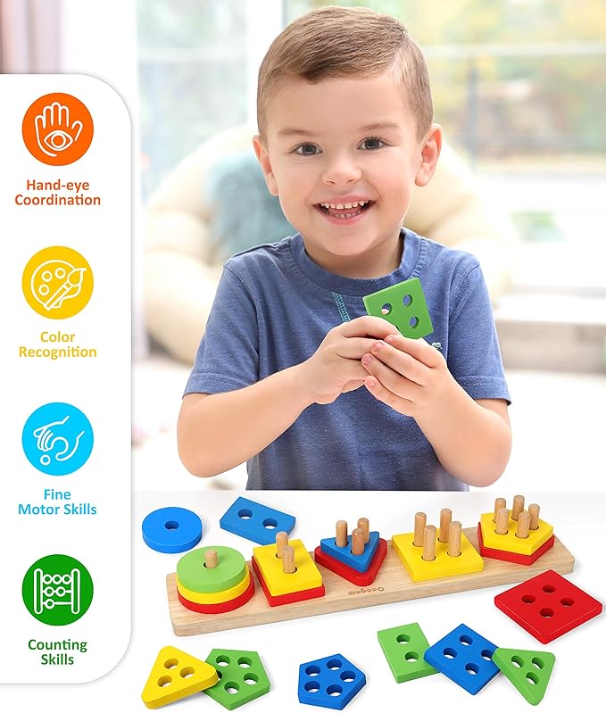Coogam Wooden Sorting Stacking Montessori Toys, Shape Color Recognition Blocks Matching Puzzle Stacker Geometric Board Early Educational Puzzles for Years Old Boys and Girls