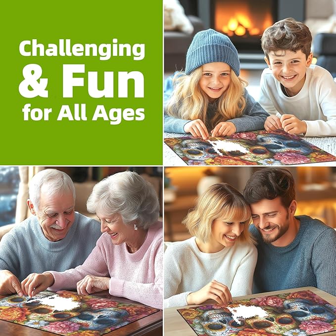 Halloween Sugar Skulls Floral 1000 Piece Jigsaw Puzzle for Adults Colorful Day of The Dead Challenging Mexican Folk Art Puzzle for Game Night Unique Gift for Puzzle Lovers (27x20 Inches)