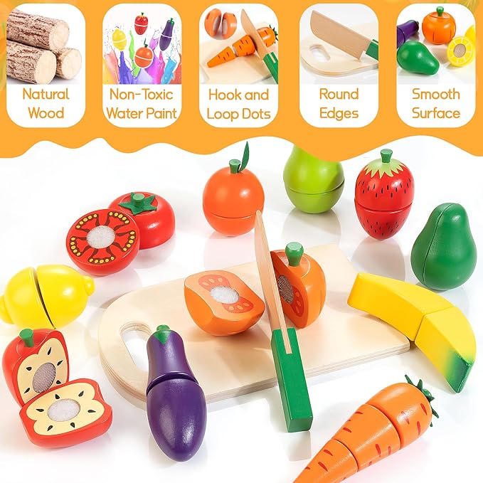 Wooden Play Food for Toddlers, Fruit and Veggies Cutting Set for Kids, Pretend Food Play Kitchen Accessories for 3 4 5 6 7 Years Old Boys & Girls