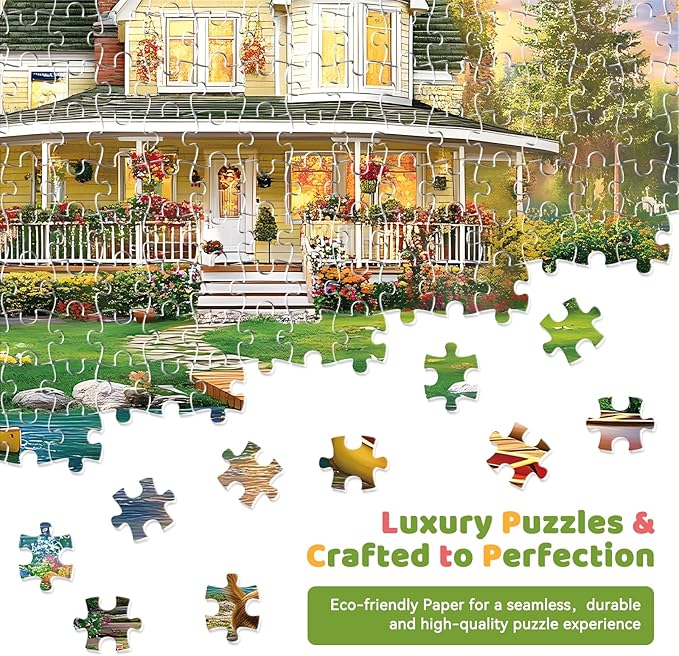 300 Piece Puzzle for Adults, Jigsaw Puzzle, Lakeside Villa with Cat and Garden, Family Kids and Adults Fun Gift, 20.5x15 in
