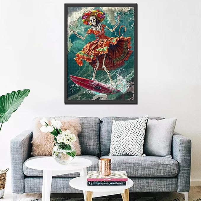 Tucocoo Skull Surfing Ocean Jigsaw Puzzles for Adults 1000 Pieces, Dancing Skeleton Mexican Dress Art Puzzle Colorful DIY Craft Puzzles for Home Decoration Gift, Family Puzzle Perfect for Game Nights