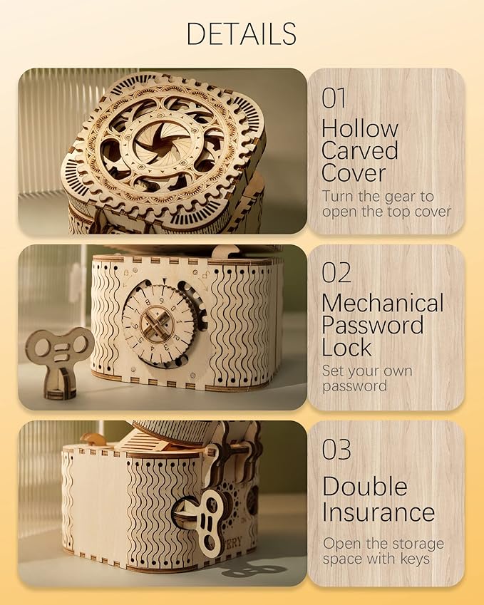 ROKR 3D Assembly Wooden Puzzle DIY Crafts Kit Fun Creative DIY Toy Treasure Box Brain Teaser Mechanical Engineering Model Building Kits Educational Toy Birthday Gift for Adults and Kids Age 14+