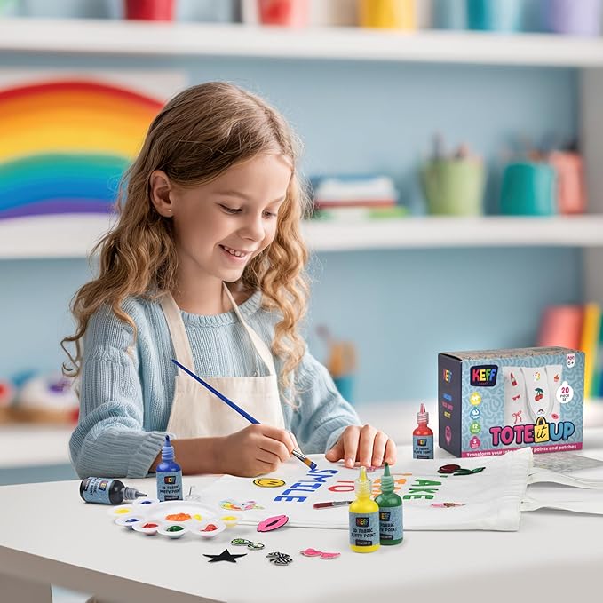 KEFF Decorate Your Own Tote Bag Kit - Crafts for Kids Ages 8-12 with Tote Bag, 12 Embroidered Patches, 5 Colors Fabric Paint (Puff Paint), Paint Brush, Palette, 3-Style Letter Stencils & Instructions