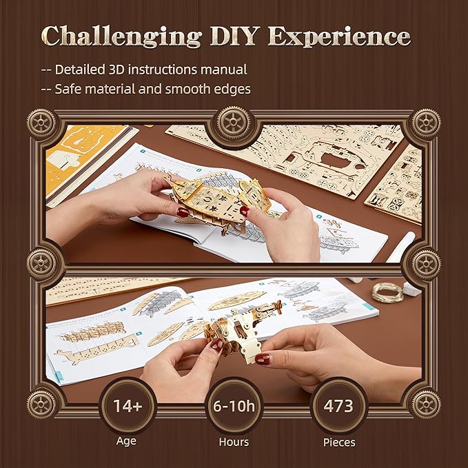 LED 3D Wood Puzzle Fantasy Airship Model - Steampunk DIY Craft Kit with LED Lights – Intricate Wooden Airship Model Building Set for Teens and Adults(White)