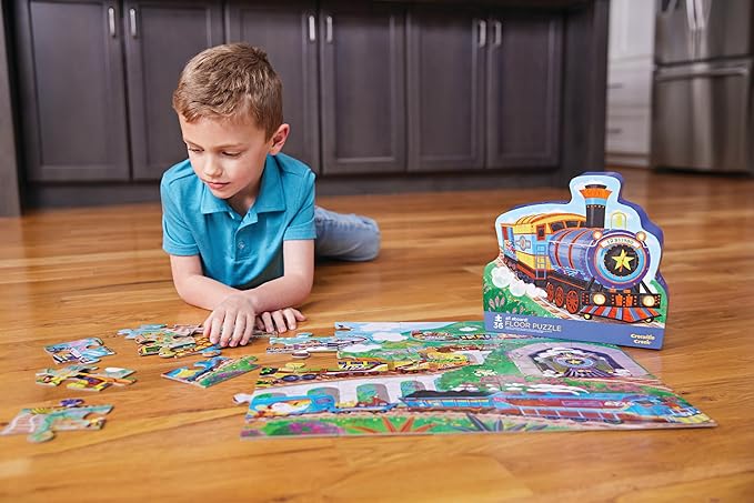 Crocodile Creek 36-Piece Jigsaw Floor Puzzle - Fun Floor Puzzles for Kids Ages 3-5 - Heavy-Duty Shaped Box for Storage - All Aboard - 24" W x 18" H Finished
