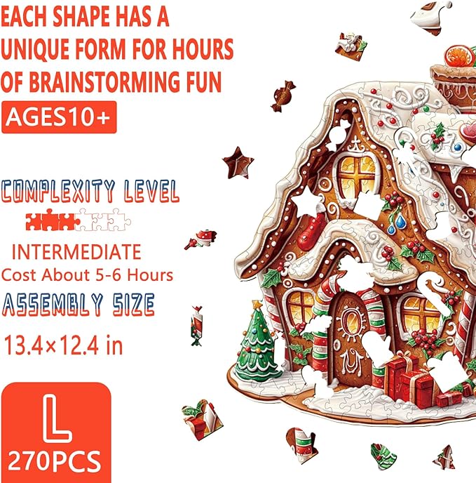 Christmas Wooden Puzzles for Adults, Gingerbread House Wooden Jigsaw Puzzle, Unique Shape Wood Puzzles Adult, Presents for Family and Friends, Wall Art Home Decor (L-13.4 * 12.4in- 270 Pieces)