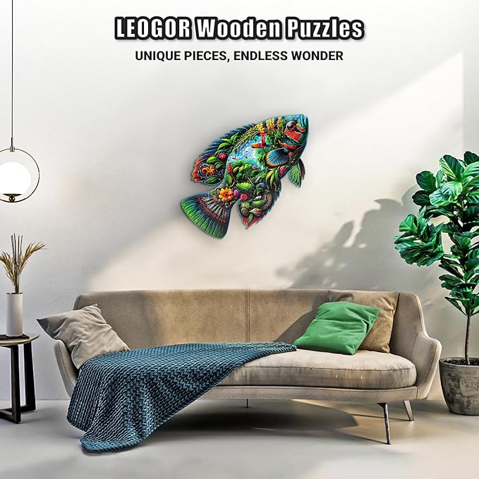 LEOGOR Wooden Jigsaw Puzzles for Adults 500 Pieces (24.8 x 15 in), Fish Shaped Puzzle, Large Sea Life Scene, Beautiful Animal Shapes, Extra-Thick 5mm Wood Puzzle Pieces, Unique Gift for Family Fun