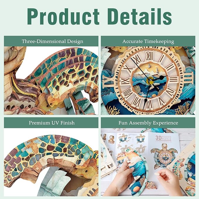 3D Puzzle for Adults Clock - Sea Turtle Clock Design Model Kit-Mechanical DIY Pendulum Clocks with Roman Numerals-Desk Home Office Decor Personalized Gift for DIY Lovers