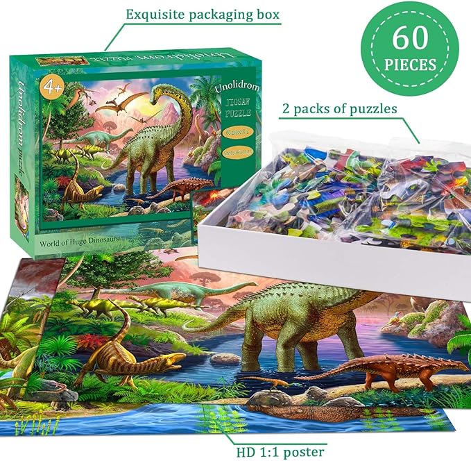 Puzzles for Kids Ages 4-6 – 2 x 60 Pieces Puzzles for Kids Ages 3-5 6-8 – World of Huge Dinosaurs – Learning Educational Toys for Boy and Girl (2 Packs)
