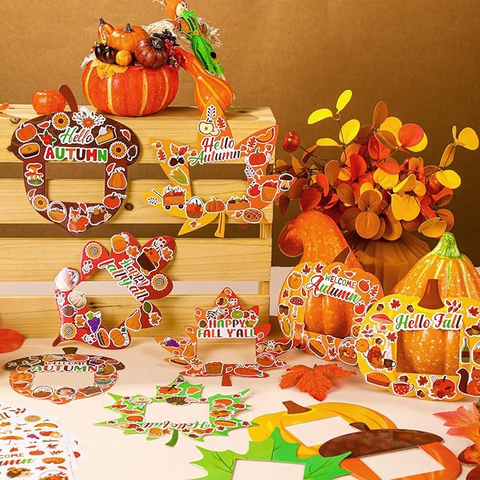 Jetec 48 Packs Fall Picture Frame Craft Kits Fall DIY Photo Frame with Stickers Make Your Own Picture Craft for Thanksgiving Autumn Home Classroom Decor
