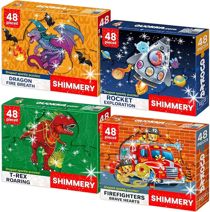 QUOKKA Shimmer Puzzles for Kids Ages 4-6 – 48 Piece Shaped Jigsaw Puzzles for Toddlers 3-5 – 4-Pack Dragon, Rocket, Firetruck & Dinosaur Children's Game Ages 4-8 – Unique Gift Toy for Preschoolers