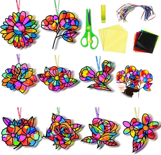 EggSun 36 Sets Flower Suncatchers Craft Kit for Kids Ornaments Stained Glass Window Arts and Crafts Kit for Classroom Holiday Birthday Projects Home Party Favors Decorations Ages 4 8 12