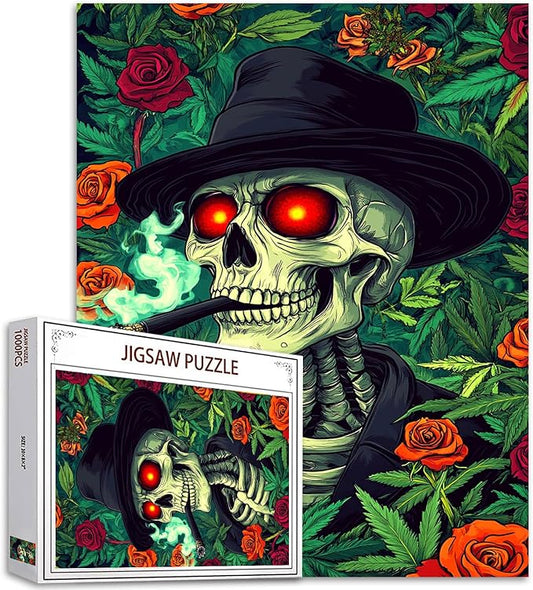 Tucocoo Skeleton Smoking Jigsaw Puzzle 1000 Pieces Puzzles for Adults, Green Garden Roses Skull Art Puzzles for Challenging Family Activity Games Colorful DIY Craft Puzzle for Home Wall Decor Gifts