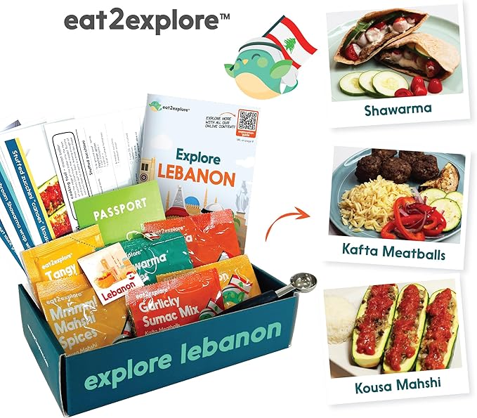eat2explore Cooking Kits for Kids - Interactive & Educational Set with 3 Recipe Cards, Key Ingredients & Cooking Tools - Ideal Idea for Kids who Love to Create Meals (Lebanon Edition)
