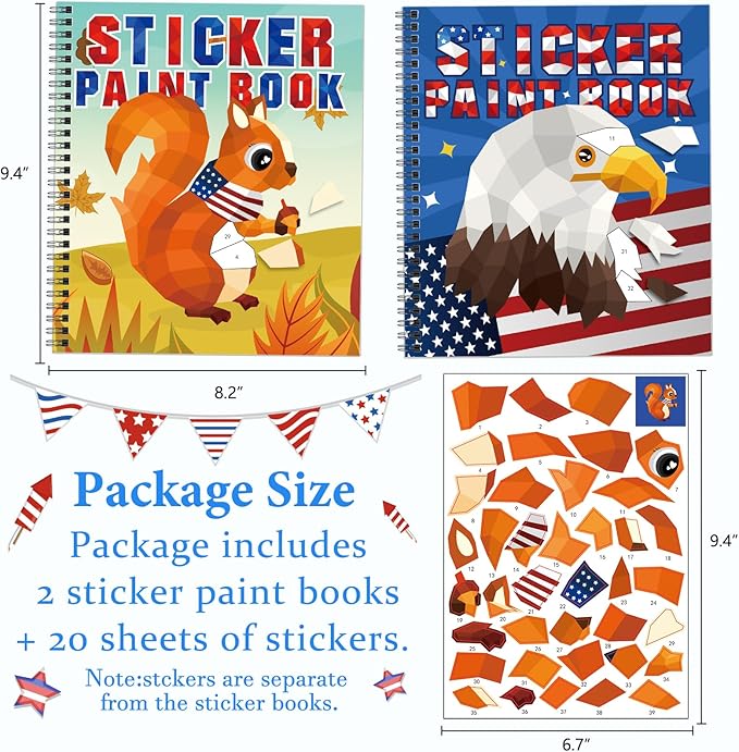 Omgouue 2PCS 4th of July Patriotic Crafts for Kids Ages 4-8 Sticker Paint Books Gift Party Create 20 Pictures（Sticker Sheets are Separate）