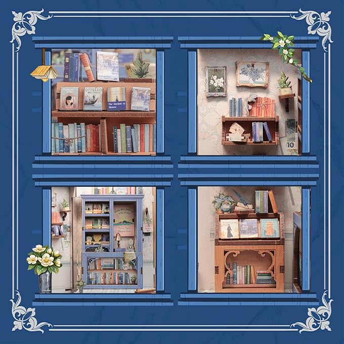 CUTEBEE DIY Book Nook Kit, Miniature House Kits for Adult and Teens, DIY Miniature Book Nook kit with Sensor Led Light, Gifts for Lovers and Family (Literature Bookstore)