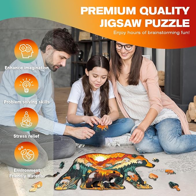 Wooden Puzzles for Adults - Forest Bears Wooden Jigsaw Puzzle - Unique Animal Shaped Wood Puzzles Adult - Christmas Birthday Gifts for Adults/Friends/Family - 80pcs 9.7 * 5.2in