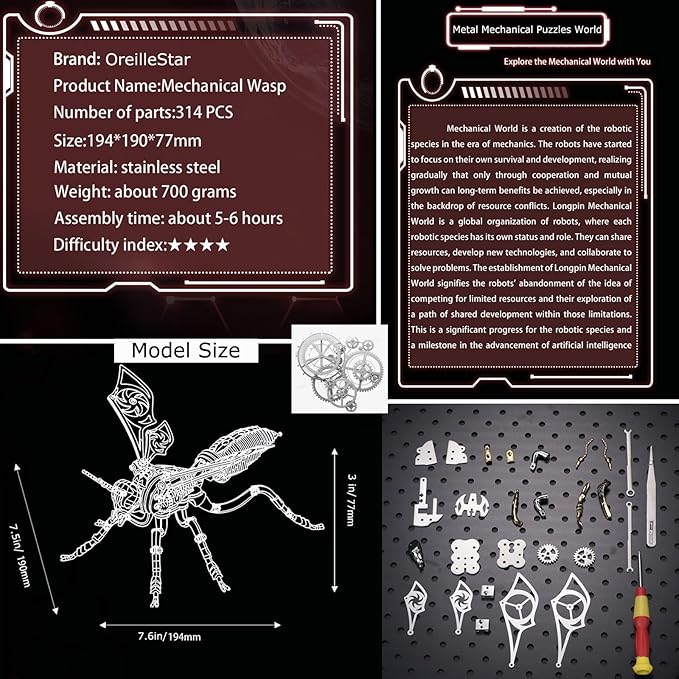 3D Metal Wasp Puzzles for Adults Model Kits Mechanical Puzzle Building Blocks, Difficult DIY for Assembly Gifts for Men (Black+Gold)