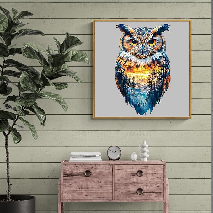 KAAYEE Wooden Puzzles for Adults, 3D Visual Effect Forest Owl Wooden Jigsaw Puzzle Unique Shape Wood Puzzle Adult, 3D Effect Flat Puzzle Birthday Family Games (M-11.4 * 6.9in-120pcs)
