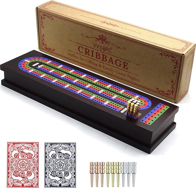 Wooden Cribbage Board Game Set with Metal Pegs and 2 Decks of Playing Cards, Travel Cribbage Board with Card Storage, Magnetic Lock, Classic Continuous 3 Track Cribbage Set for Family