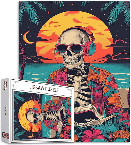 Tucocoo Skeleton Headphones Head Jigsaw Puzzle 1000 Pieces Puzzles for Adults, Reading a Book Beach Chic Style Flowers Art Puzzles for Challenging Family Activity Games DIY Puzzle for Home Decor Gift