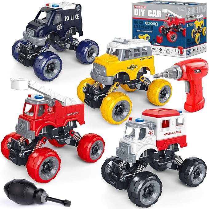 LUDILO Kids Boys Toys Age 4-6 5-7 6-8: 4 PCS DIY Assembly Building City Bus Ambulance Police Car Toy Fire Truck with Electric Drill, Stem Learning Toys Gifts for 3 4 5 6 7 8 Year Old Boys Girls Kids