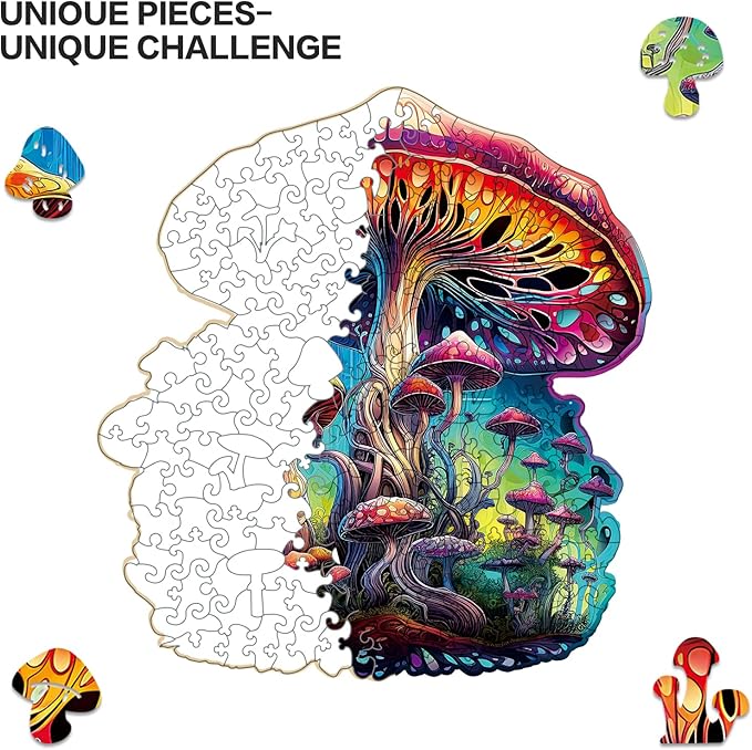 Wooden Jigsaw Puzzle for Adults,Magical Mushrooms Wood Puzzles 200 Piece,Thanksgiving Birthday Gifts Family Game,Unique Shape Puzzle Challenge 11 x 11 Inch