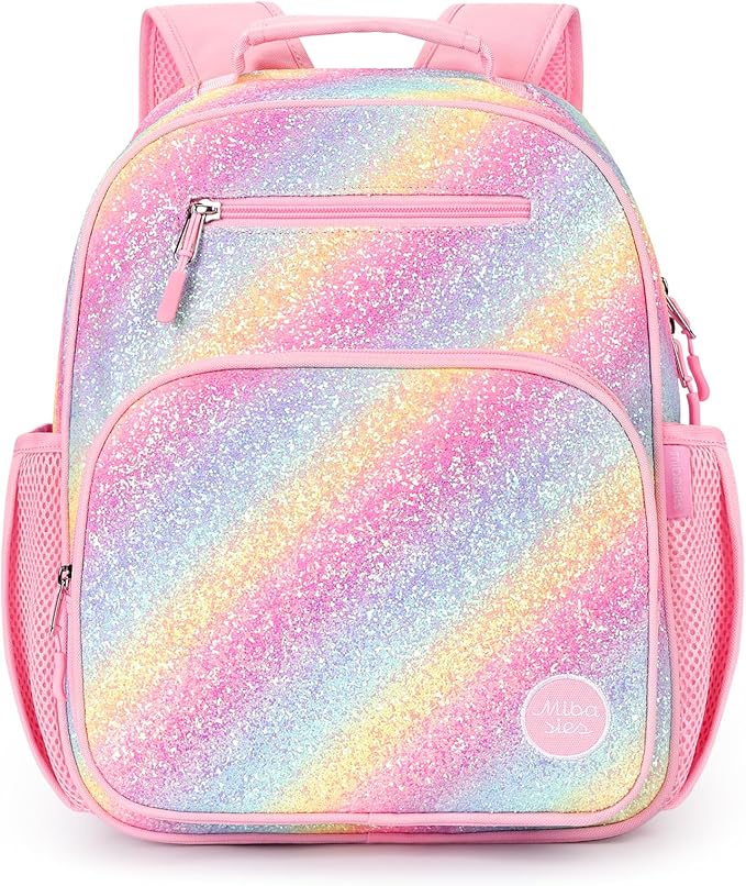 mibasies Girls Backpack 5-8: Glitter Kids Backpacks for Girls - Girl Bookbag for Elementary School - Twill Rainbow Pink